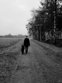 Rear view of man walking on landscape against sky