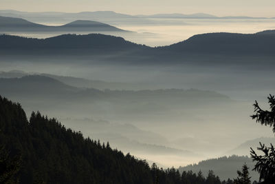 Scenic view of silhouette mountains against dramatic sky