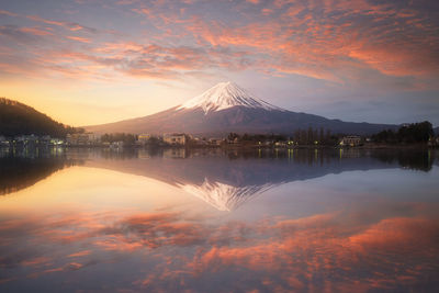 Scenic view of calm lake and mt fuji against sky during sunset