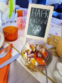 Close-up of dessert served on table