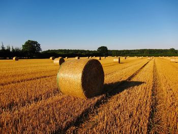 Hay bales on field against clear sky