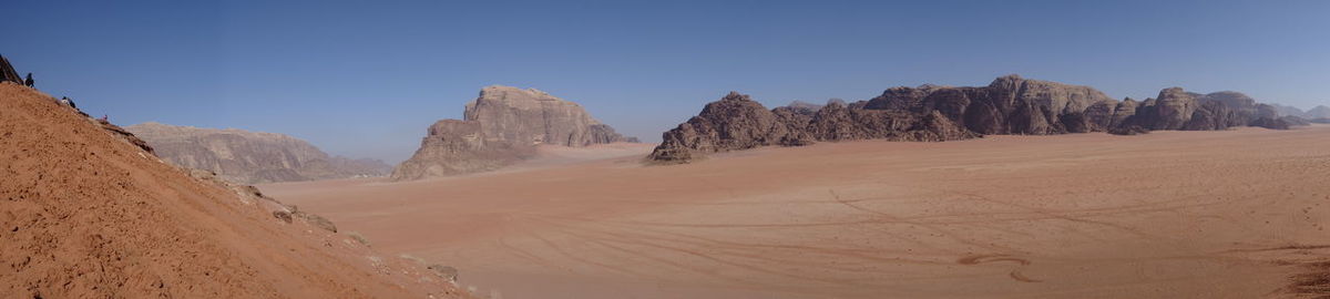 Panoramic view of desert against clear blue sky