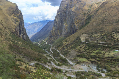 Scenic view of valley and mountains against sky