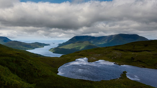 Scenic view of lake and mountains against sky