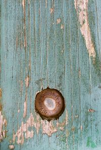 Close-up of rusty metal on wooden door