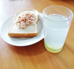 High angle view of breakfast served on table