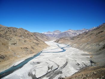 Scenic view of snowcapped mountains against clear blue sky