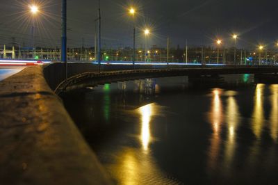 Reflection of illuminated street lights in water at night