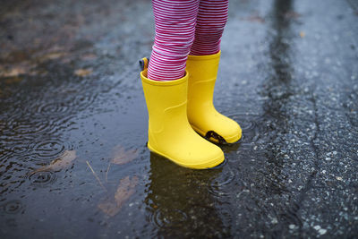 A close of up a child's rain boots in a puddle.