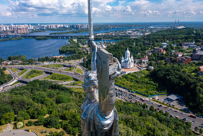 Aerial view of the mother motherland monument in kiev.