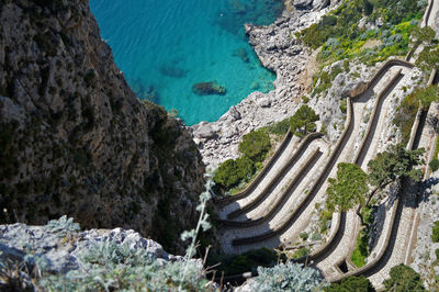 High angle view of rocks on sea shore