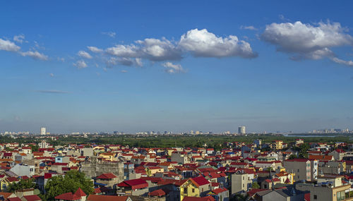 High angle shot of townscape against sky