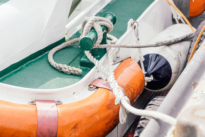 High angle view of rope tied on boat