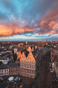 High angle view of cityscape against sky during sunset