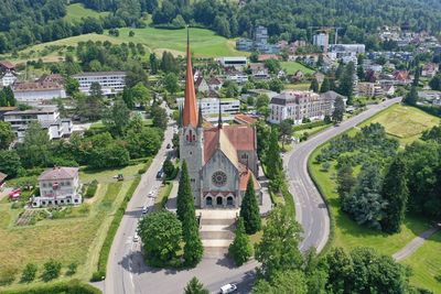 High angle view of buildings in town