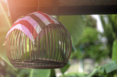 Close-up of decoration hanging on glass table