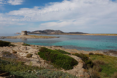 La pelosa beach against cloudy sky