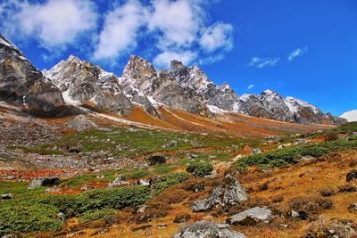 Scenic view of rocky mountains against blue sky