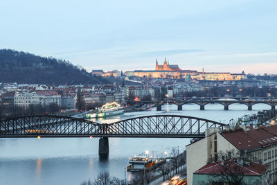 High angle view of bridge over river in city against sky