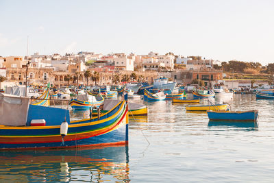 Mediterranean fisherman village in south east of malta. early winter morning in marsaxlokk, malta.