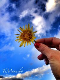 Low angle view of cropped hand against clear sky