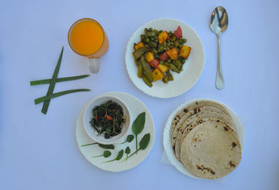 High angle view of breakfast on table