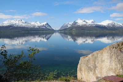 Scenic view of lake with mountains in background