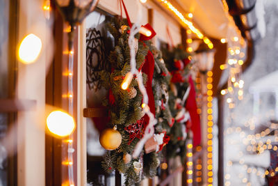 Close-up of illuminated lanterns at night