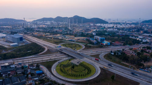 Aerial view ring road industry and oil refinery production plant background in thailand