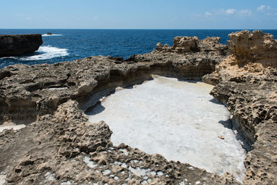 Sea holes and cavities in the ground eroded by sea waves filled with crystallized sea salt