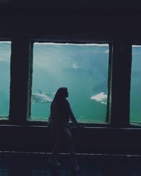 Rear view of woman looking at sea through window