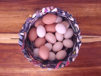 High angle view of eggs in basket on table
