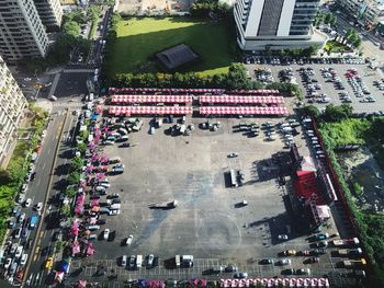 High angle view of people on road in city