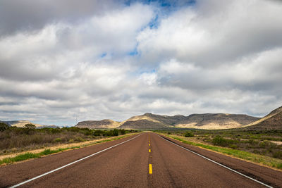 Empty road along landscape against cloudy sky