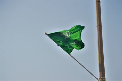 Low angle view of green flag waving against clear sky