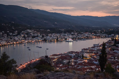 High angle view of townscape by river against sky