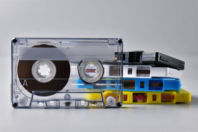 Close-up of toy car on white background