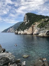 Seascape with people sunbathing on the rocks in the bay