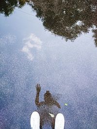 Reflection of people in puddle