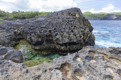 Rocks in sea against sky