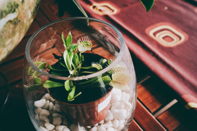 High angle view of food in glass container on table