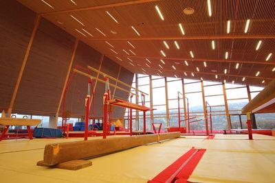 Low angle view of empty seats in building