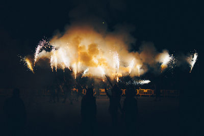 People looking at firework display during night