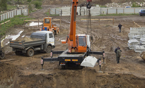 High angle view of workers working at construction site