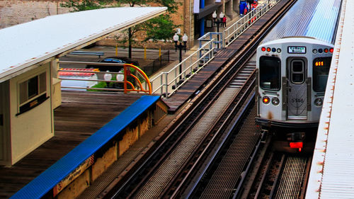 High angle view of train at railroad station