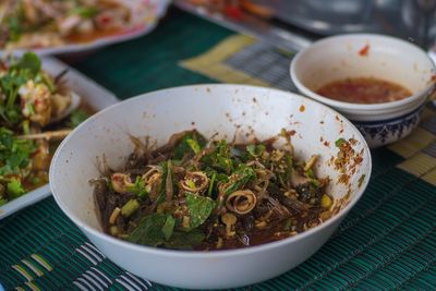 High angle view of food in bowl on table