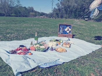 High angle view of breakfast served in field