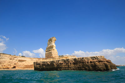 Rock formations by sea against blue sky