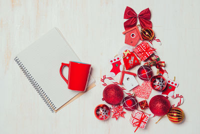 High angle view of christmas decoration on table