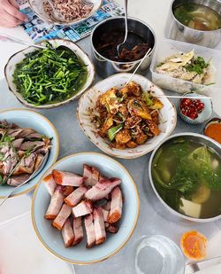 High angle view of food served on table